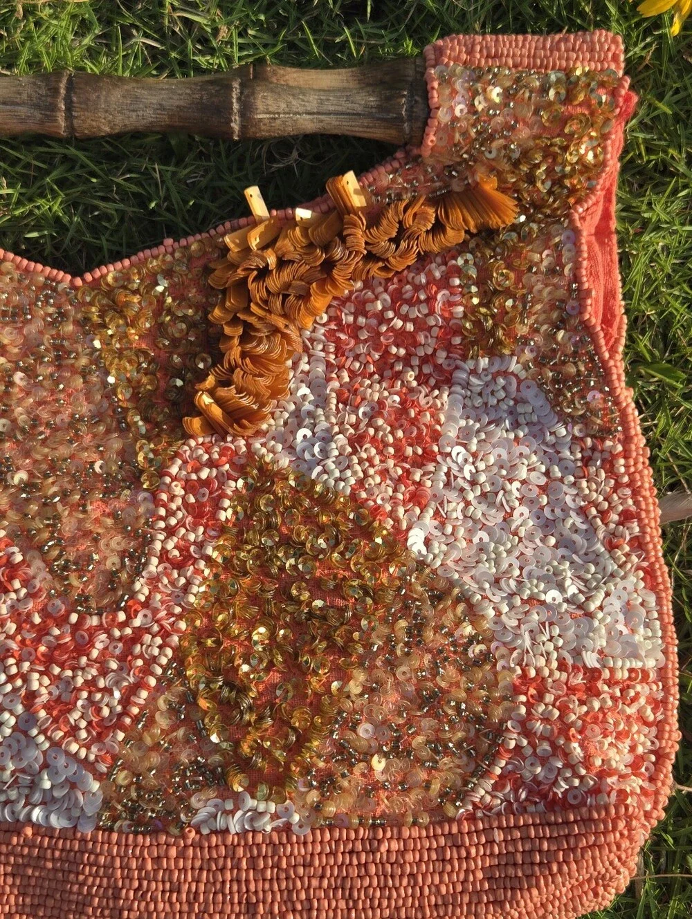 🧡 Viral Handmade Beaded Boho Clutch- Coral Pink & Bronze with Bamboo Handle